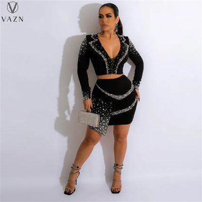 VAZN 2022 Hot Drilling Sexy Club Party Style Women Suit Long Sleeve Deep V Short Top Zipper Short Skirt Lady 2 Piece Sets