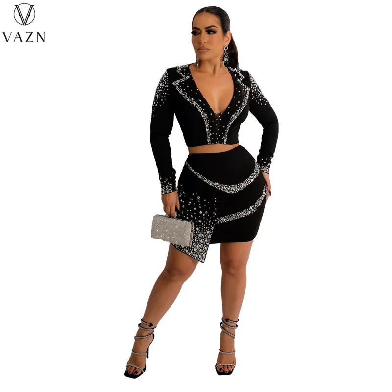 VAZN 2022 Hot Drilling Sexy Club Party Style Women Suit Long Sleeve Deep V Short Top Zipper Short Skirt Lady 2 Piece Sets