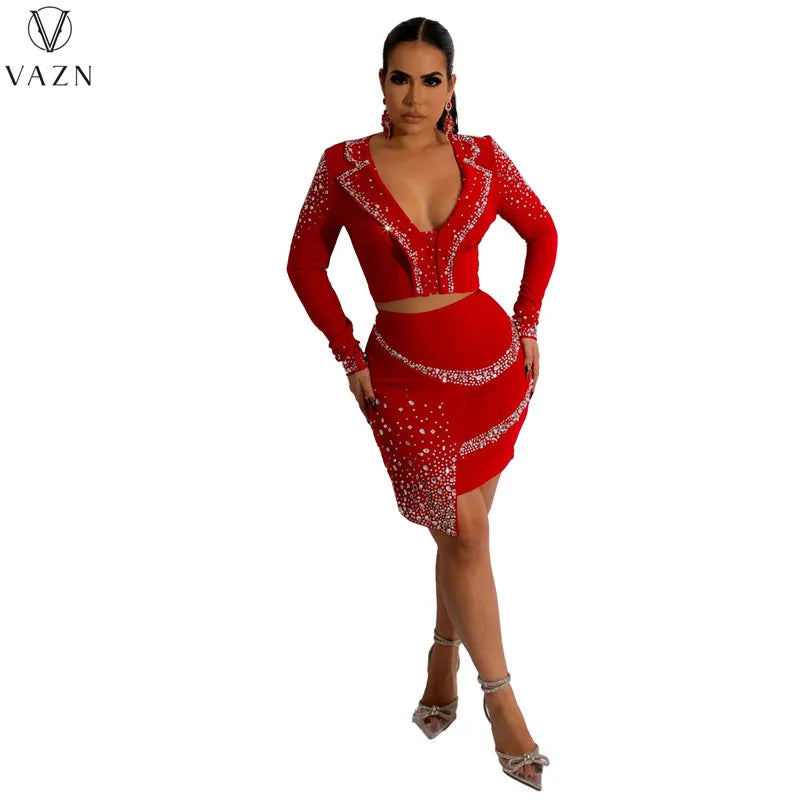 VAZN 2022 Hot Drilling Sexy Club Party Style Women Suit Long Sleeve Deep V Short Top Zipper Short Skirt Lady 2 Piece Sets