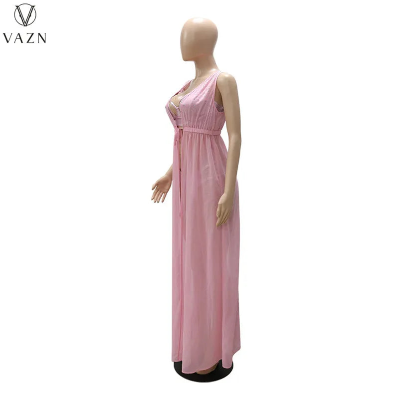 VAZN 2022 Fashion New Sexy Club Party Style Women Suit Sexy Bikini Pure Color Deep V Long Dress Lady Three Piece Sets