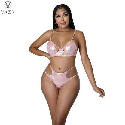 VAZN 2022 Fashion New Sexy Club Party Style Women Suit Sexy Bikini Pure Color Deep V Long Dress Lady Three Piece Sets