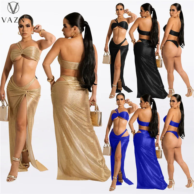 VAZN 2022 Sexy Holiday Style Women Suit Sleeveless Dew Waist Top Elastic Floor Length Skirt Short Pants Pure Color 3 Piece Set