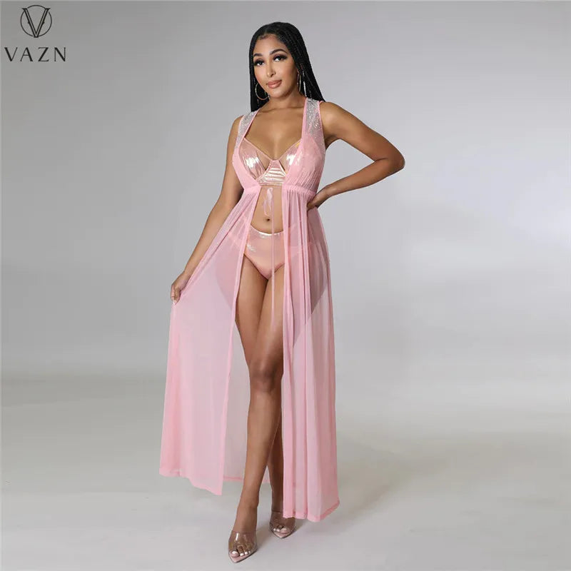 VAZN 2022 Fashion New Sexy Club Party Style Women Suit Sexy Bikini Pure Color Deep V Long Dress Lady Three Piece Sets