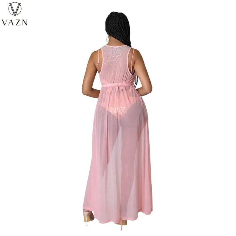 VAZN 2022 Fashion New Sexy Club Party Style Women Suit Sexy Bikini Pure Color Deep V Long Dress Lady Three Piece Sets