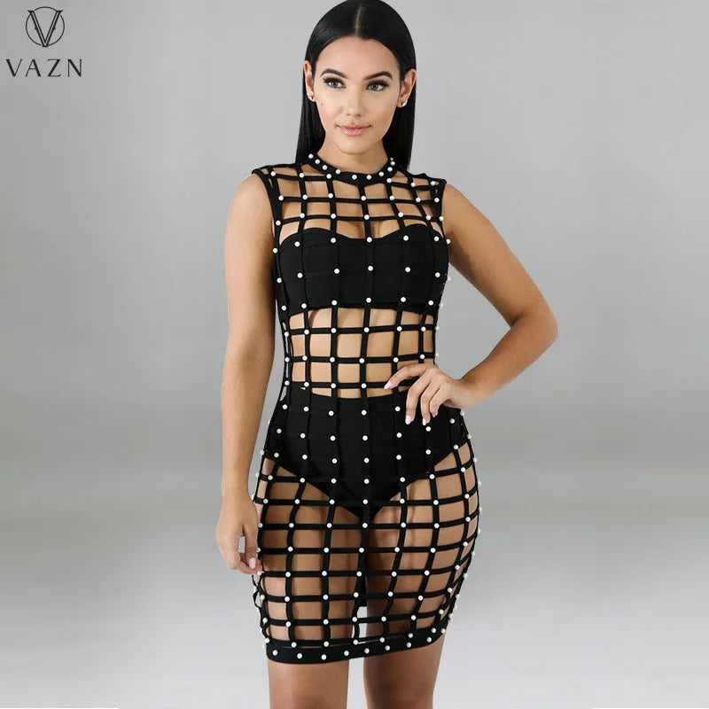 VAZN 2022 New Women Sexy Street Style Sets Short Top Elastic Short Pants Hollow Out Mini Short Dress Pure Color 3 Piece Set