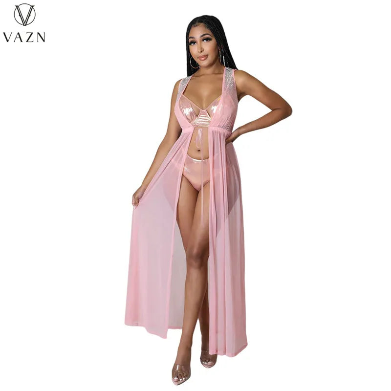 VAZN 2022 Fashion New Sexy Club Party Style Women Suit Sexy Bikini Pure Color Deep V Long Dress Lady Three Piece Sets