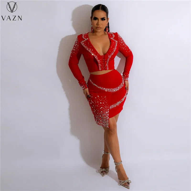 VAZN 2022 Hot Drilling Sexy Club Party Style Women Suit Long Sleeve Deep V Short Top Zipper Short Skirt Lady 2 Piece Sets