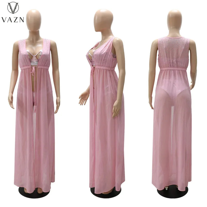 VAZN 2022 Fashion New Sexy Club Party Style Women Suit Sexy Bikini Pure Color Deep V Long Dress Lady Three Piece Sets