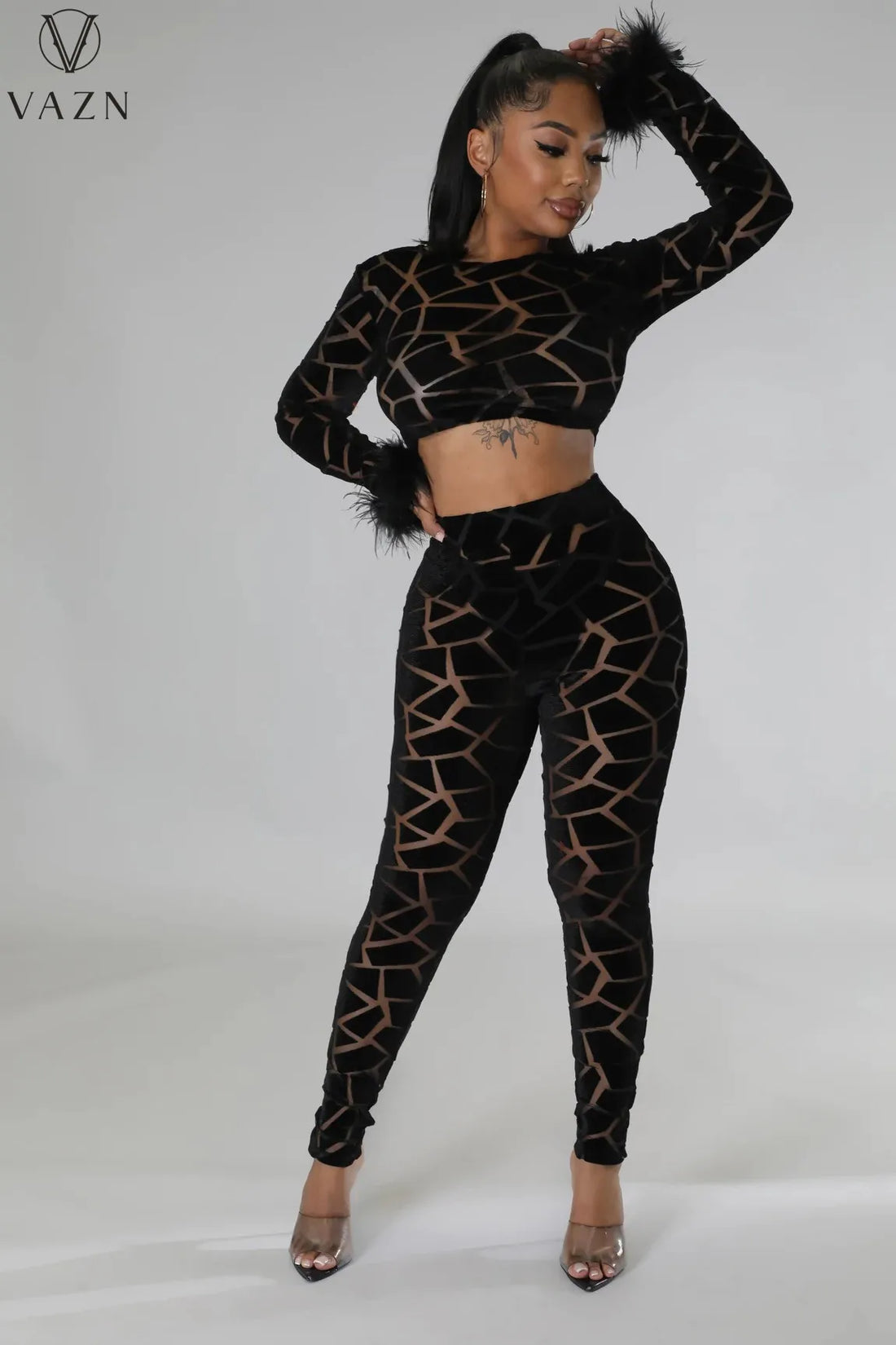 VAZN New 2022 Fashion Sexy Street Style Women Suit Long Sleeve Round Neck Short Top Elastic Long Pants Printed Two Piece Set