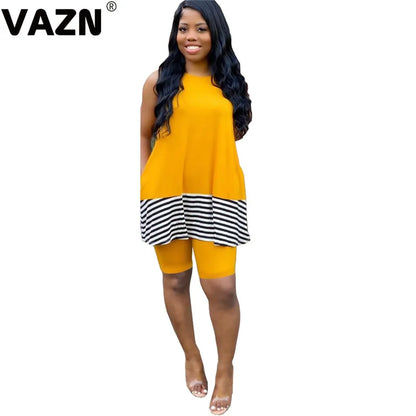 VAZN 2020 New Summer Energetic Sleeveless O-neck Short Pant 2PCs Set Casual Beach Clothing Ladies Women Sets