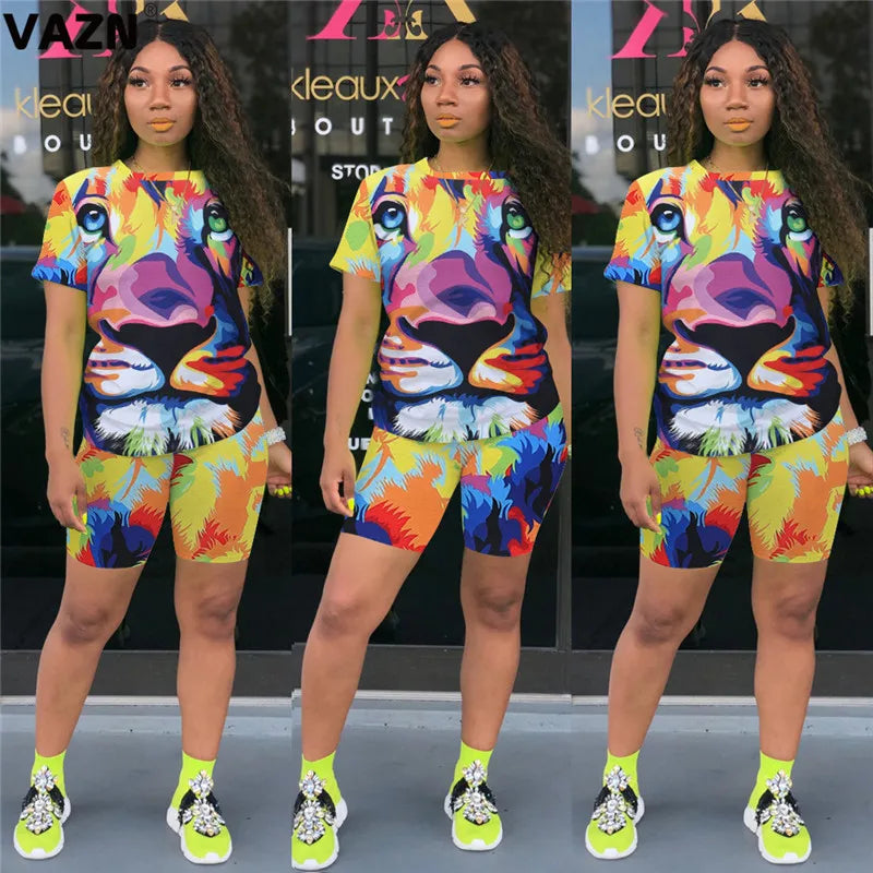 VAZN 2020 Sexy Tie Dye Two Piece Set V-neck Loose Elegant 2 Piece Set Women Short Sleeve Top And Short Pant Summer Sets