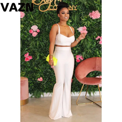 VAZN New 2020 Summer Sexy Club Birthday Outfits Solid Sleeveless Wide Leg Two Piece Set Elegant Sexy Lady Set