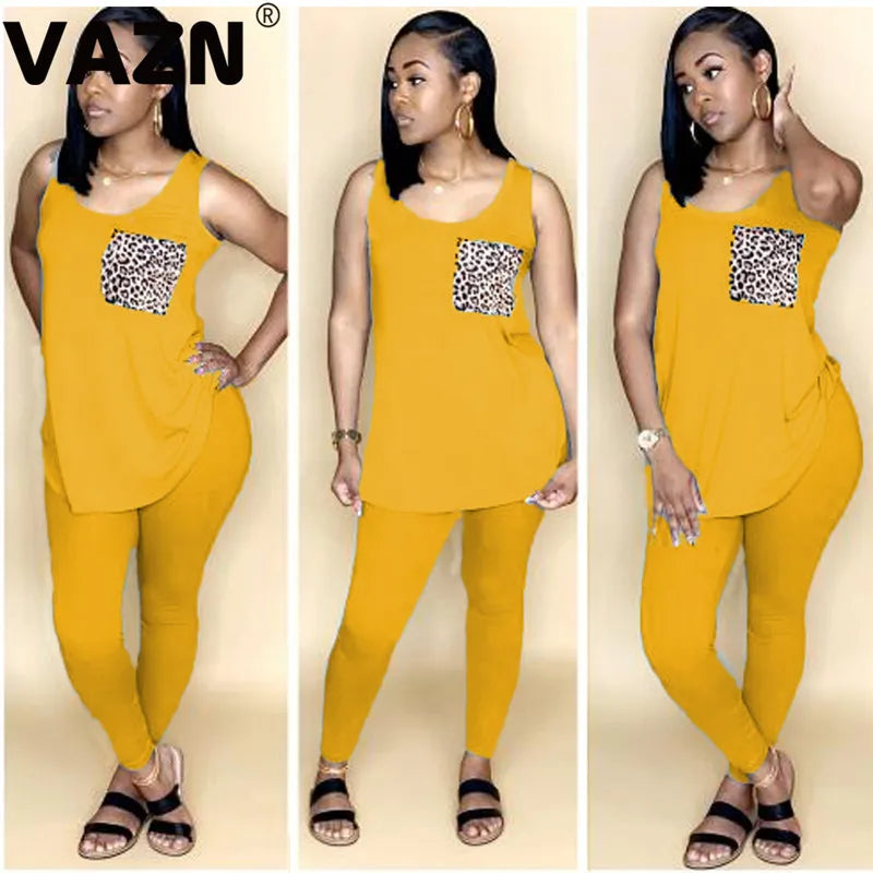 VAZN 2020 Women Sleeveless Slim Outfit Tracksuit Two Pieces Set Leopard Print Pocket Skinny Leggings Female Sportwear