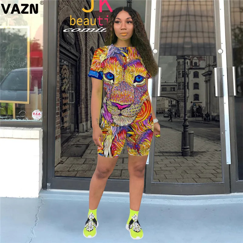 VAZN 2020 Sexy Tie Dye Two Piece Set V-neck Loose Elegant 2 Piece Set Women Short Sleeve Top And Short Pant Summer Sets