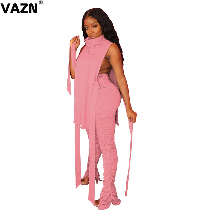 VAZN 2020 Hot Sale Women Casual Office Lady Solid Slash neck Outfit Two Pieces Set Sleeveless Full Pant Sport Running Sets