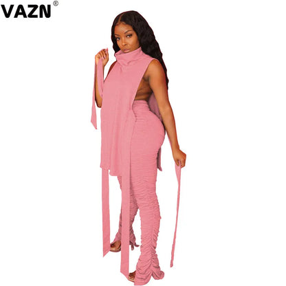 VAZN 2020 Hot Sale Women Casual Office Lady Solid Slash neck Outfit Two Pieces Set Sleeveless Full Pant Sport Running Sets