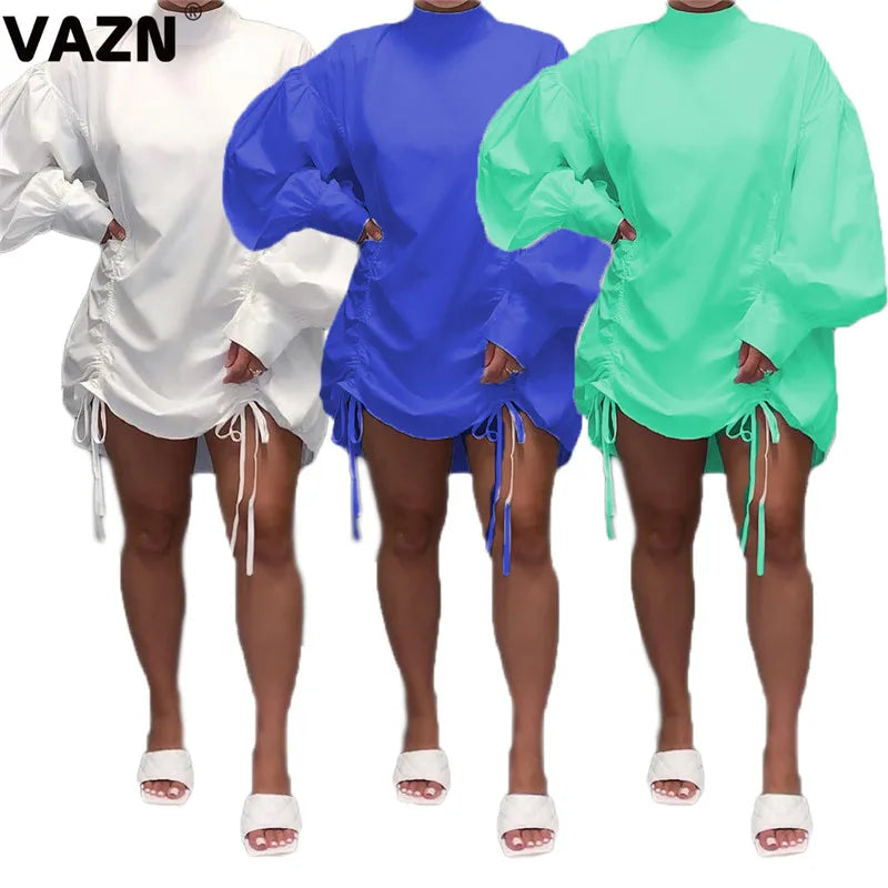 VAZN 2020 Sexy Summer Stacked Ruched Casual Mini Dresses Long Sleeve Turtleneck Deep Dress Sexy Beach Holiday Elegant Dress