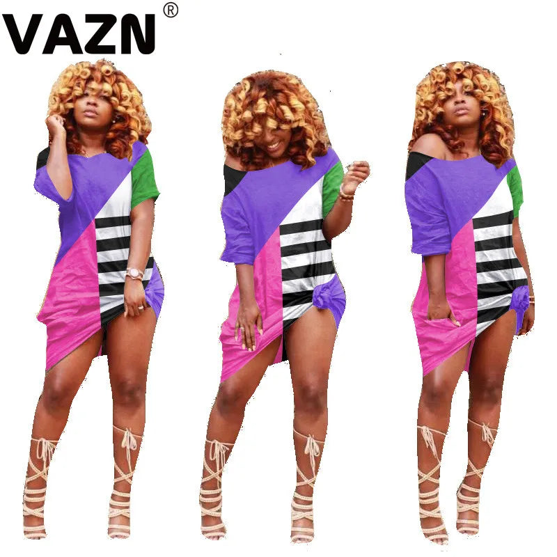 VAZN 2020 Summer Office Lady Women Deep Female Ladies Patchwork Dress Short Sleeve Deep Loose Dress Sexy Mini Beach Dress