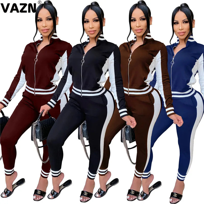 VAZN 2020 New Women Gym Sport Running Long Sleeve Zippers V-neck Set Casual Beach Clothing Ladies Women Sets