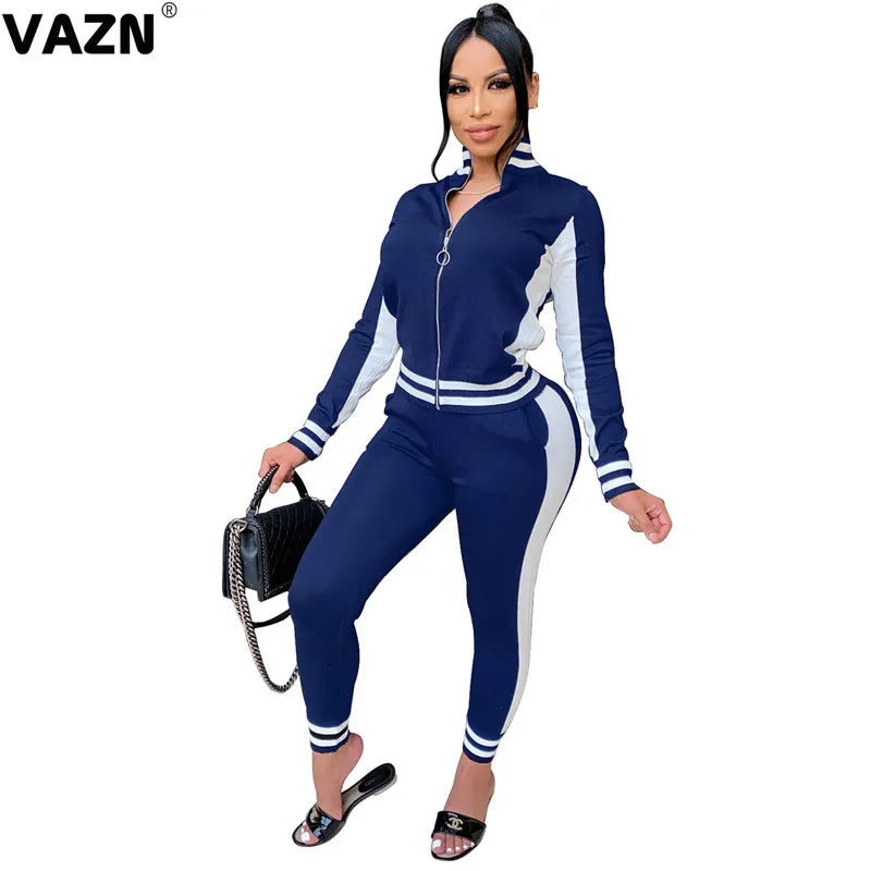 VAZN 2020 New Women Gym Sport Running Long Sleeve Zippers V-neck Set Casual Beach Clothing Ladies Women Sets