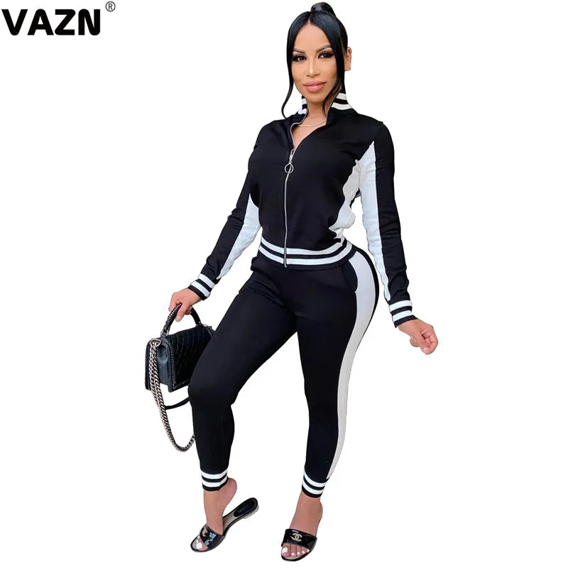 VAZN 2020 New Women Gym Sport Running Long Sleeve Zippers V-neck Set Casual Beach Clothing Ladies Women Sets