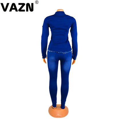 VAZN Shinny Sport Blue Casual Tracksuit for Women 2020 Denim Set full sleeve 2 Piece Sets Night Club Young Lady Sport Sets