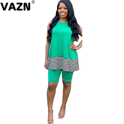 VAZN 2020 New Summer Energetic Sleeveless O-neck Short Pant 2PCs Set Casual Beach Clothing Ladies Women Sets