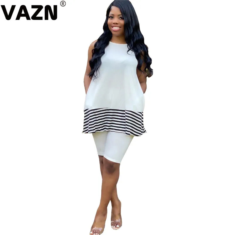 VAZN 2020 New Summer Energetic Sleeveless O-neck Short Pant 2PCs Set Casual Beach Clothing Ladies Women Sets