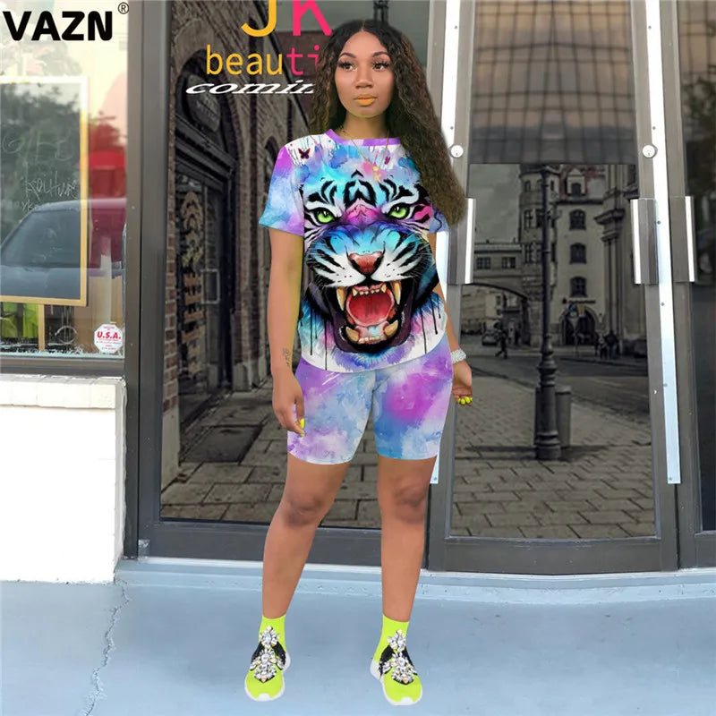 VAZN 2020 Sexy Tie Dye Two Piece Set V-neck Loose Elegant 2 Piece Set Women Short Sleeve Top And Short Pant Summer Sets