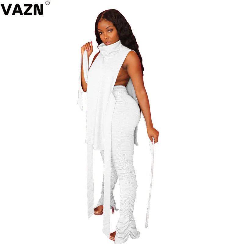 VAZN 2020 Hot Sale Women Casual Office Lady Solid Slash neck Outfit Two Pieces Set Sleeveless Full Pant Sport Running Sets