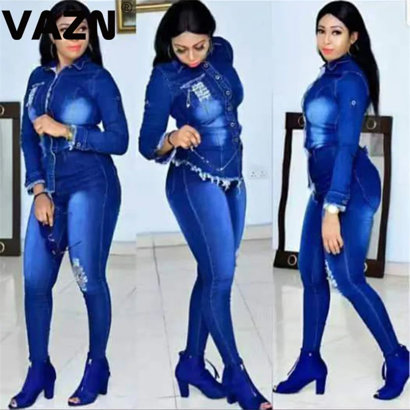 VAZN Shinny Sport Blue Casual Tracksuit for Women 2020 Denim Set full sleeve 2 Piece Sets Night Club Young Lady Sport Sets