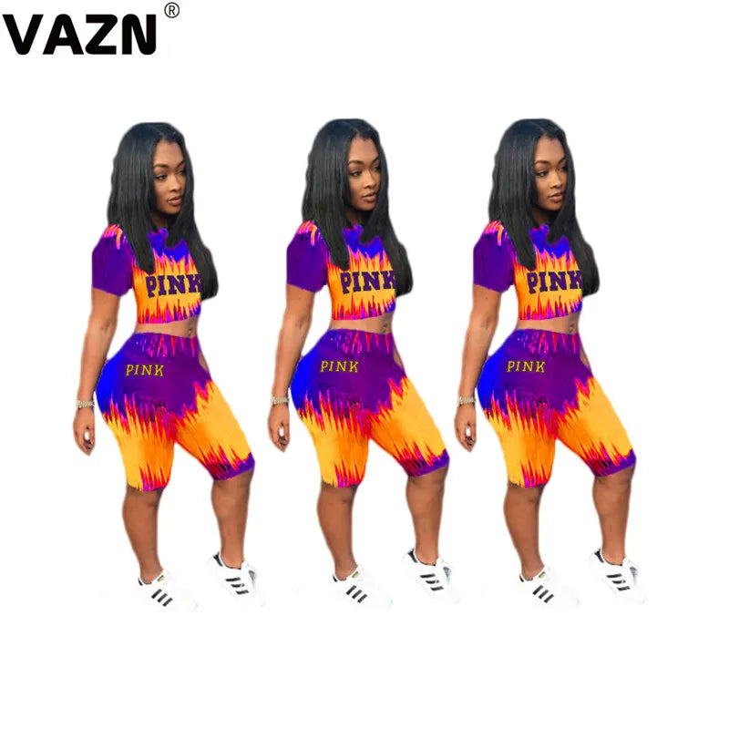 VAZN 2020 Punk Style Colorful Bohemian Fashion Women Clothes Outfit O-neck Sexy Short Sleeve Short Pant Two Pieces Set