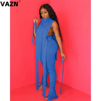 VAZN 2020 Hot Sale Women Casual Office Lady Solid Slash neck Outfit Two Pieces Set Sleeveless Full Pant Sport Running Sets