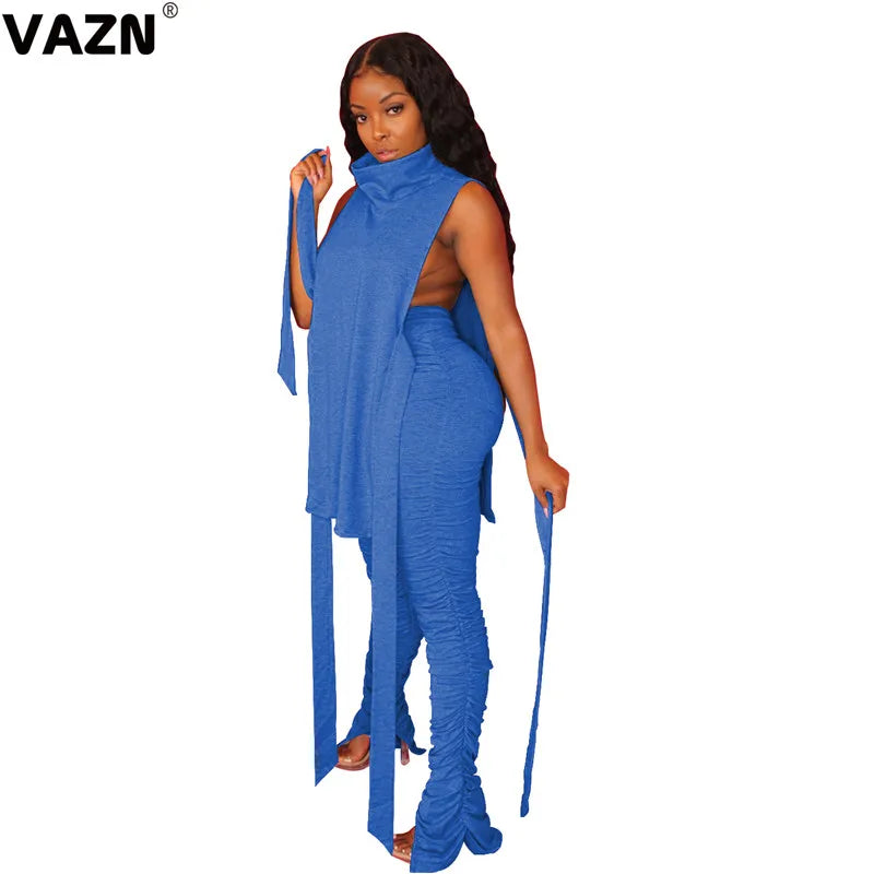 VAZN 2020 Hot Sale Women Casual Office Lady Solid Slash neck Outfit Two Pieces Set Sleeveless Full Pant Sport Running Sets