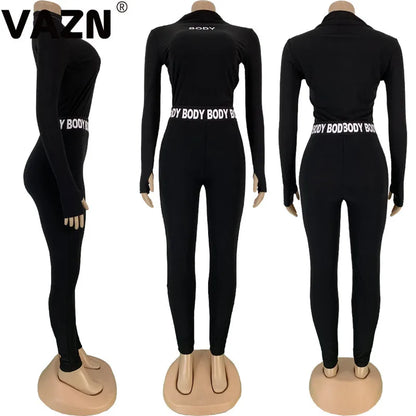 VAZN Women Long Sleeve CropTop Slim Outfit Tracksuit Two Pieces Set letter Print High elastic Skinny Leggings Female Sportswear