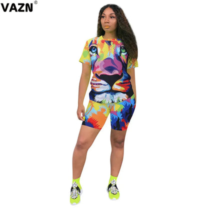 VAZN 2020 Sexy Tie Dye Two Piece Set V-neck Loose Elegant 2 Piece Set Women Short Sleeve Top And Short Pant Summer Sets