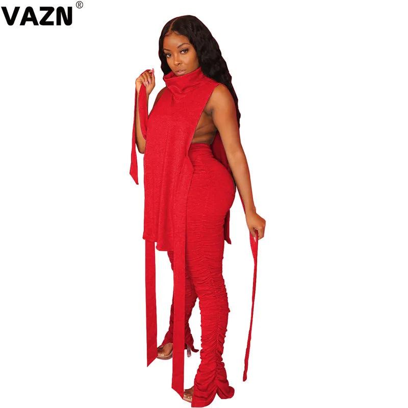 VAZN 2020 Hot Sale Women Casual Office Lady Solid Slash neck Outfit Two Pieces Set Sleeveless Full Pant Sport Running Sets