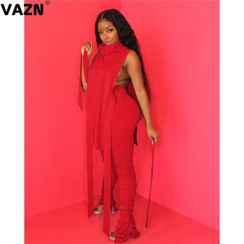 VAZN 2020 Hot Sale Women Casual Office Lady Solid Slash neck Outfit Two Pieces Set Sleeveless Full Pant Sport Running Sets