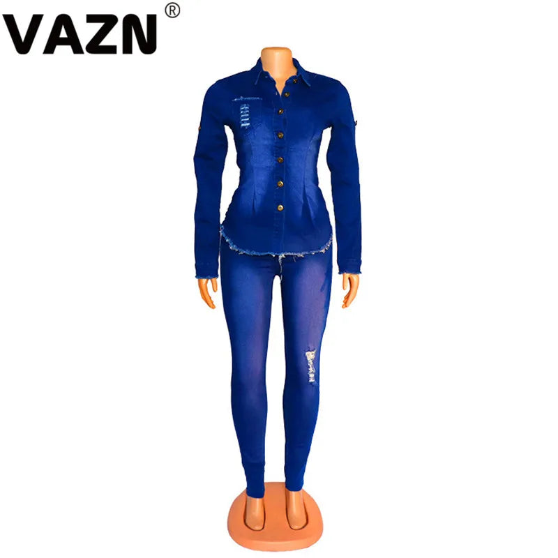 VAZN Shinny Sport Blue Casual Tracksuit for Women 2020 Denim Set full sleeve 2 Piece Sets Night Club Young Lady Sport Sets