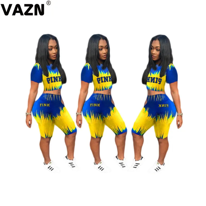 VAZN 2020 Punk Style Colorful Bohemian Fashion Women Clothes Outfit O-neck Sexy Short Sleeve Short Pant Two Pieces Set