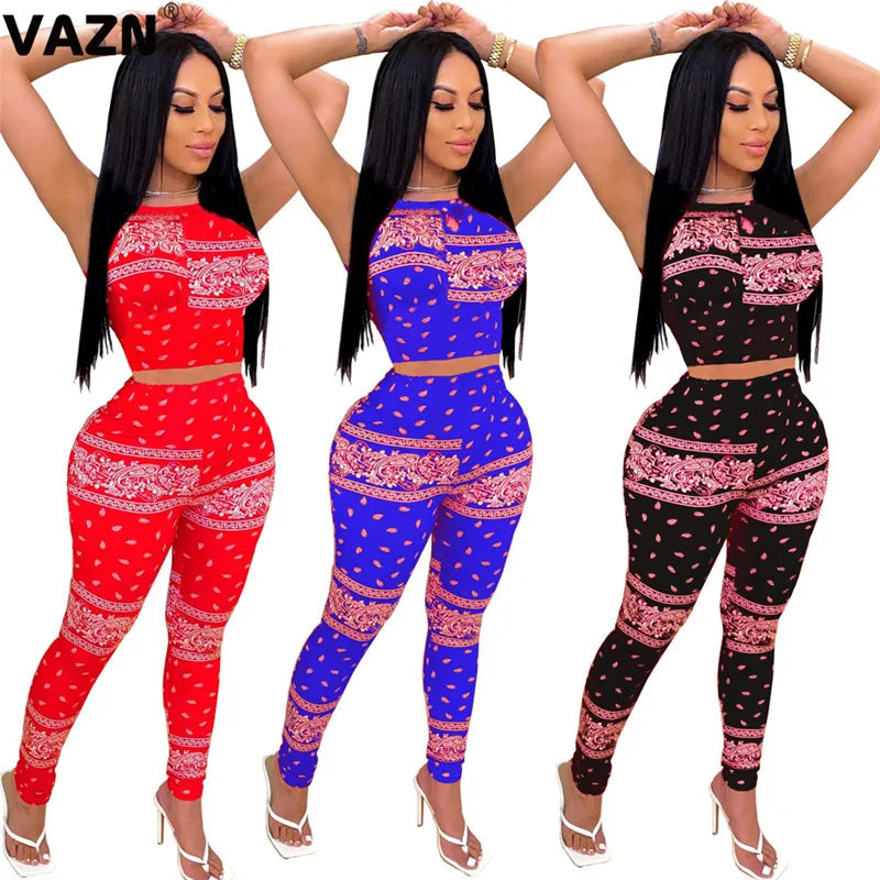 VAZN 2020 Top Quality Elegant Office Sexy Lady Outfits Tracksuits Women Striped Sleeveless Summer Holiday Sets