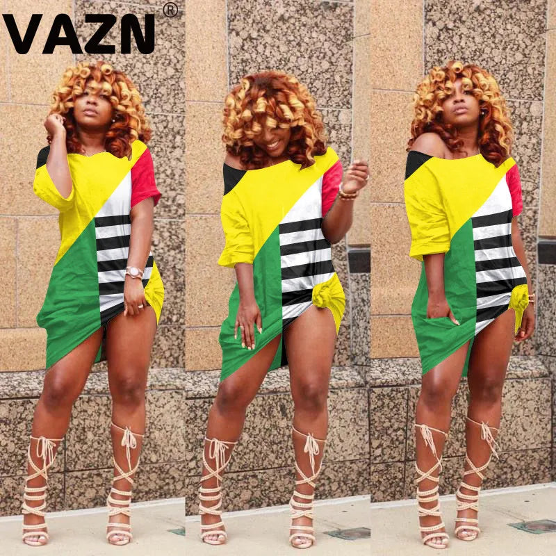 VAZN 2020 Summer Office Lady Women Deep Female Ladies Patchwork Dress Short Sleeve Deep Loose Dress Sexy Mini Beach Dress