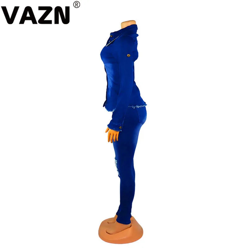 VAZN Shinny Sport Blue Casual Tracksuit for Women 2020 Denim Set full sleeve 2 Piece Sets Night Club Young Lady Sport Sets