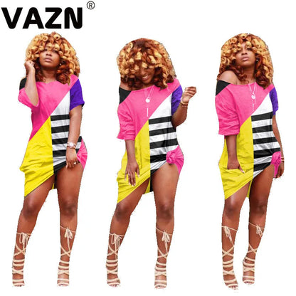 VAZN 2020 Summer Office Lady Women Deep Female Ladies Patchwork Dress Short Sleeve Deep Loose Dress Sexy Mini Beach Dress