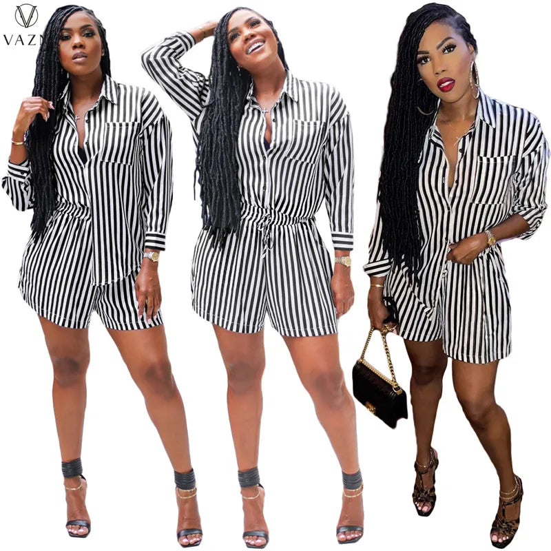 VAZN  2021 New Women Street Casual Style Sets Long Sleeve Laple Shirt Elastic Short Pants Striped Two Piece Sets