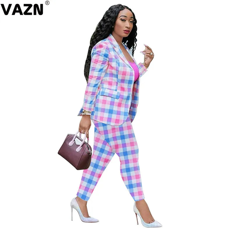 VAZN 2020 Elegant Women Casual Shinny Plaid Outfit Two Pieces Set Full Sleeve O-neck Full Pant Office Lady Sets