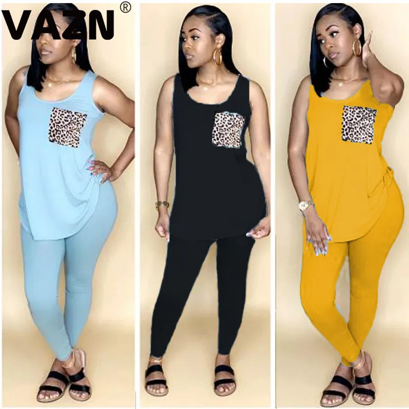 VAZN 2020 Women Sleeveless Slim Outfit Tracksuit Two Pieces Set Leopard Print Pocket Skinny Leggings Female Sportwear