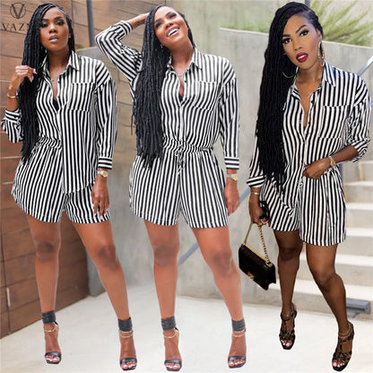 VAZN  2021 New Women Street Casual Style Sets Long Sleeve Laple Shirt Elastic Short Pants Striped Two Piece Sets