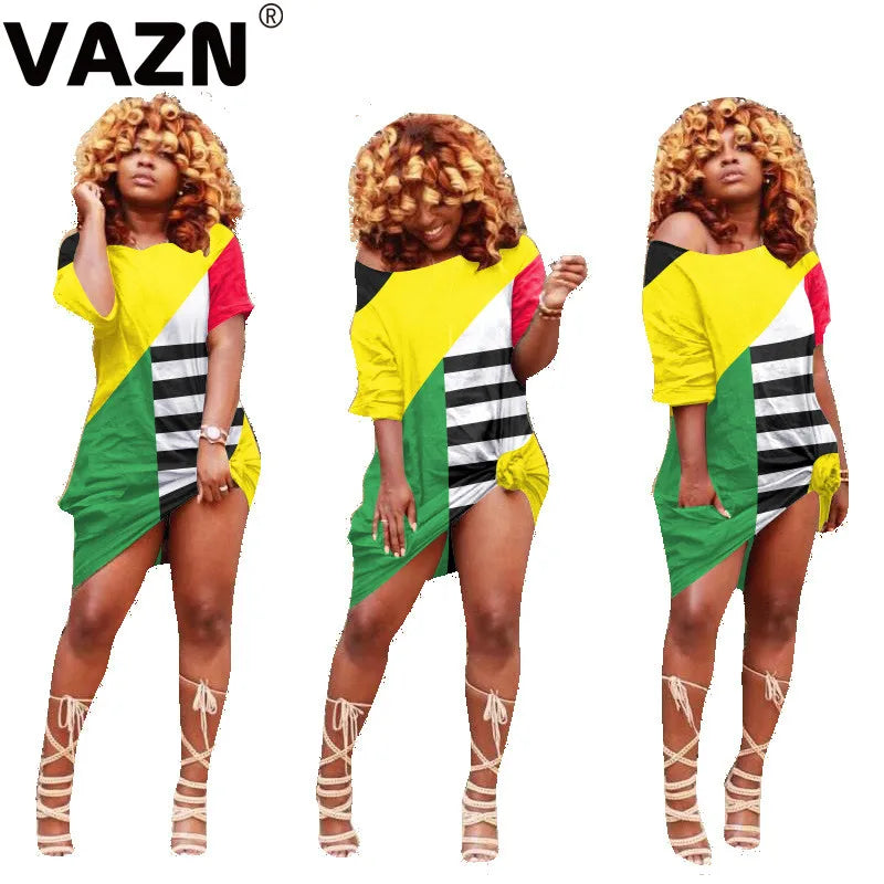 VAZN 2020 Summer Office Lady Women Deep Female Ladies Patchwork Dress Short Sleeve Deep Loose Dress Sexy Mini Beach Dress