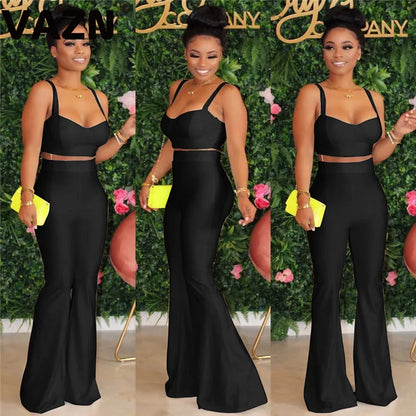 VAZN New 2020 Summer Sexy Club Birthday Outfits Solid Sleeveless Wide Leg Two Piece Set Elegant Sexy Lady Set